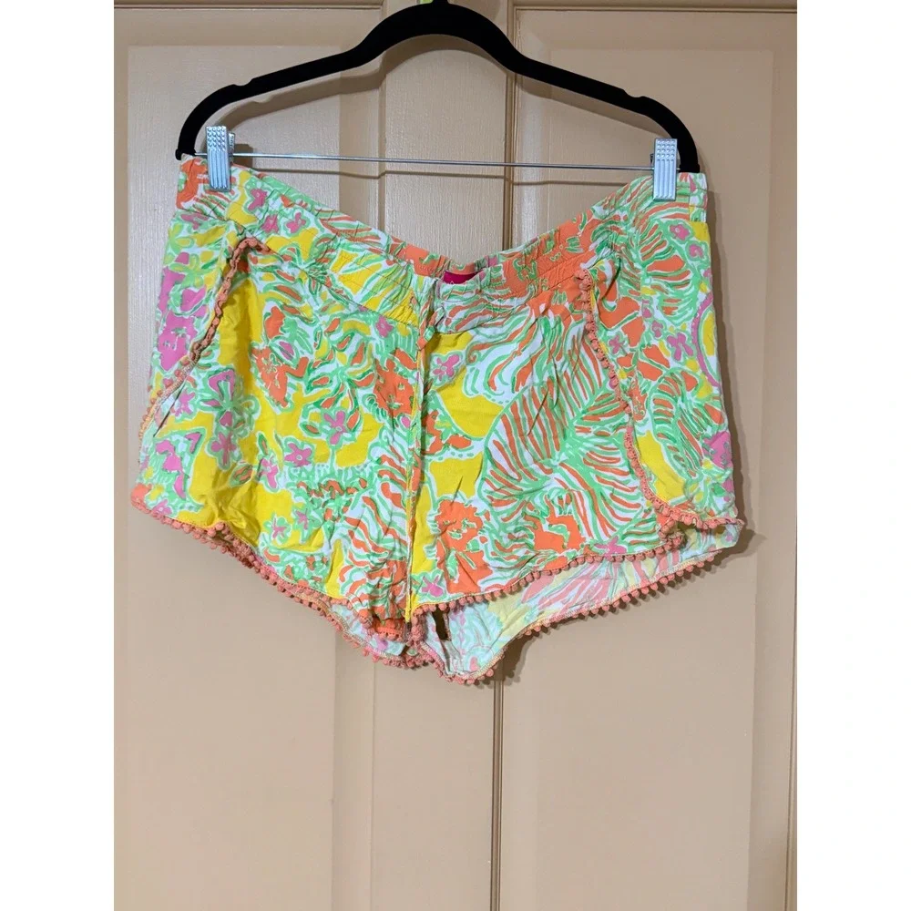 Lilly Pulitzer for Target Tropical Floral Pom Pom Trim Shorts Yellow Pink XL